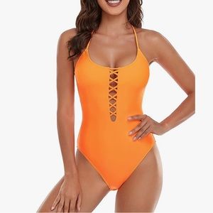 One Piece Retro Style Swimsuit with Criss Cross Back, Orange, Size Large, NWT